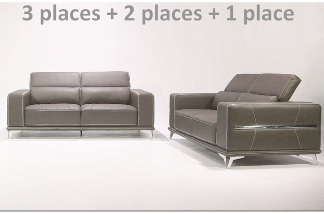 ensemble canapé 3 places et 2 places et fauteuil 1 place en cuir italien buffle vega, moka avec surpiqure blanche ou au choix